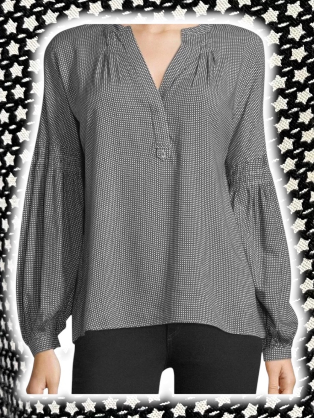 Joie Azbeth Star Print Blouse M Black White Henley Balloon Sleeve Graphic Ditsy